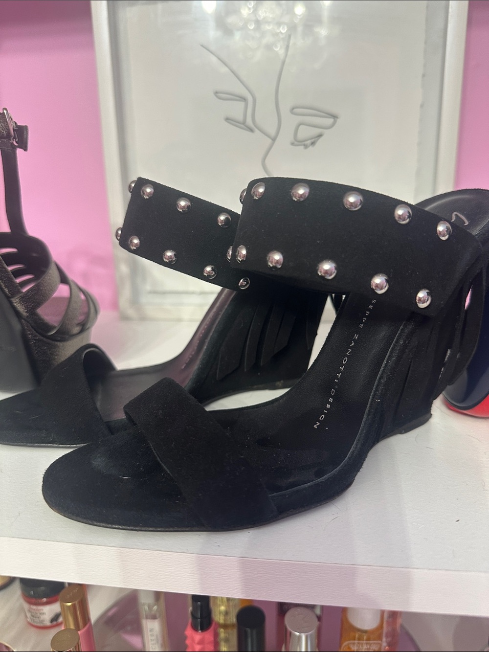 Giuseppe Zanotti Black Studded Fringe Suede Block Heel Sandals - Picture 2 of 4